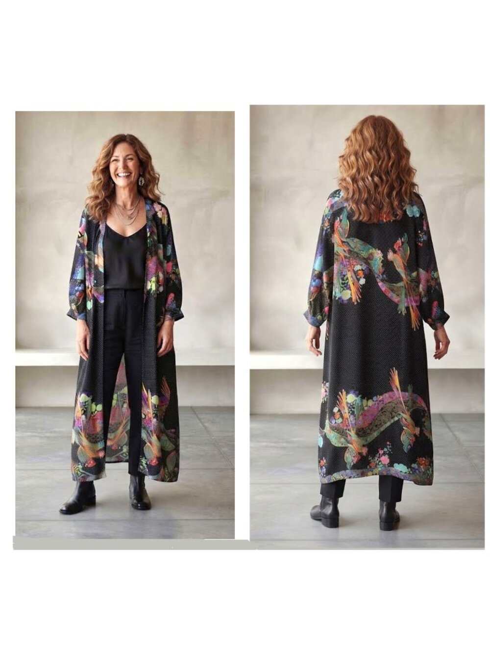 Vintage Exotic Bird Floral Magical Colorful Long Duster Jacket XL
